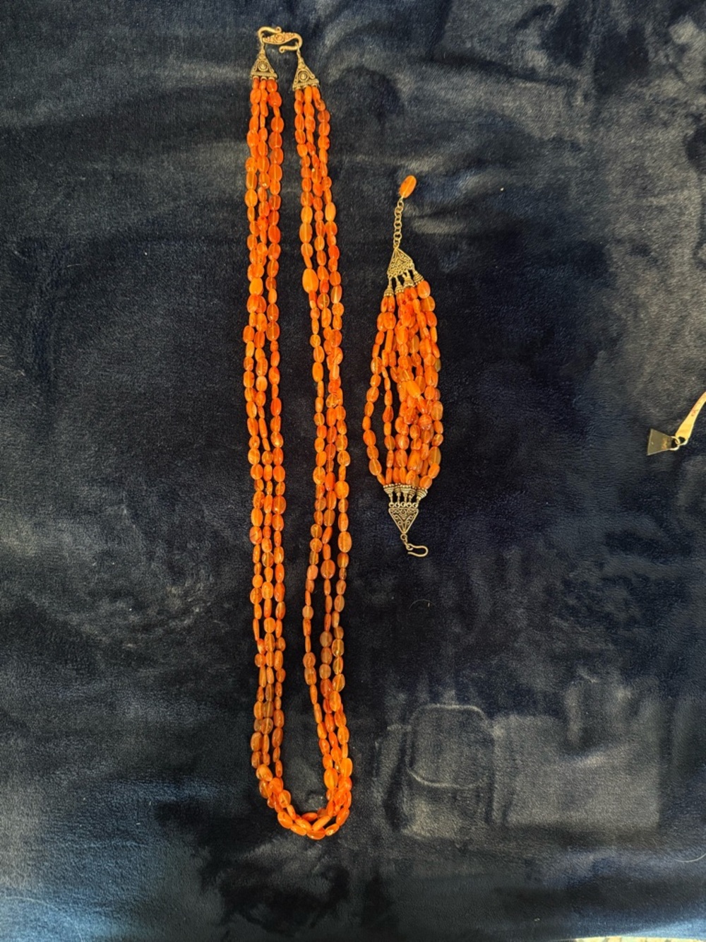 Carnelian Beaded Multi-Strand Necklace and Bracelet Set with sterling silver.